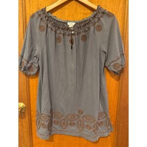 Sundance shirt embroidered Large‎ off shoulder tunic blue gray brown boho